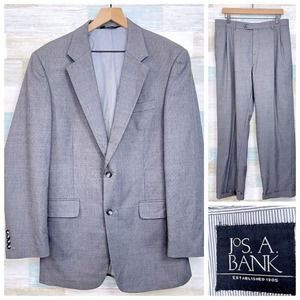 Jos A Bank Birdseye Suit Gray Cotton Wool Mens 40L Jacket 34x30 Pleated Pants